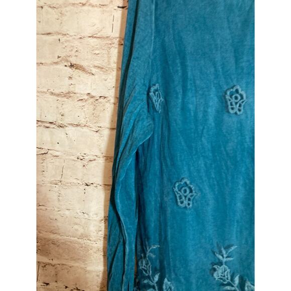 Fantazia Tunic Top Womens XL Teal Blue Distress Wash Embroidered Linen Blend - Picture 5 of 12
